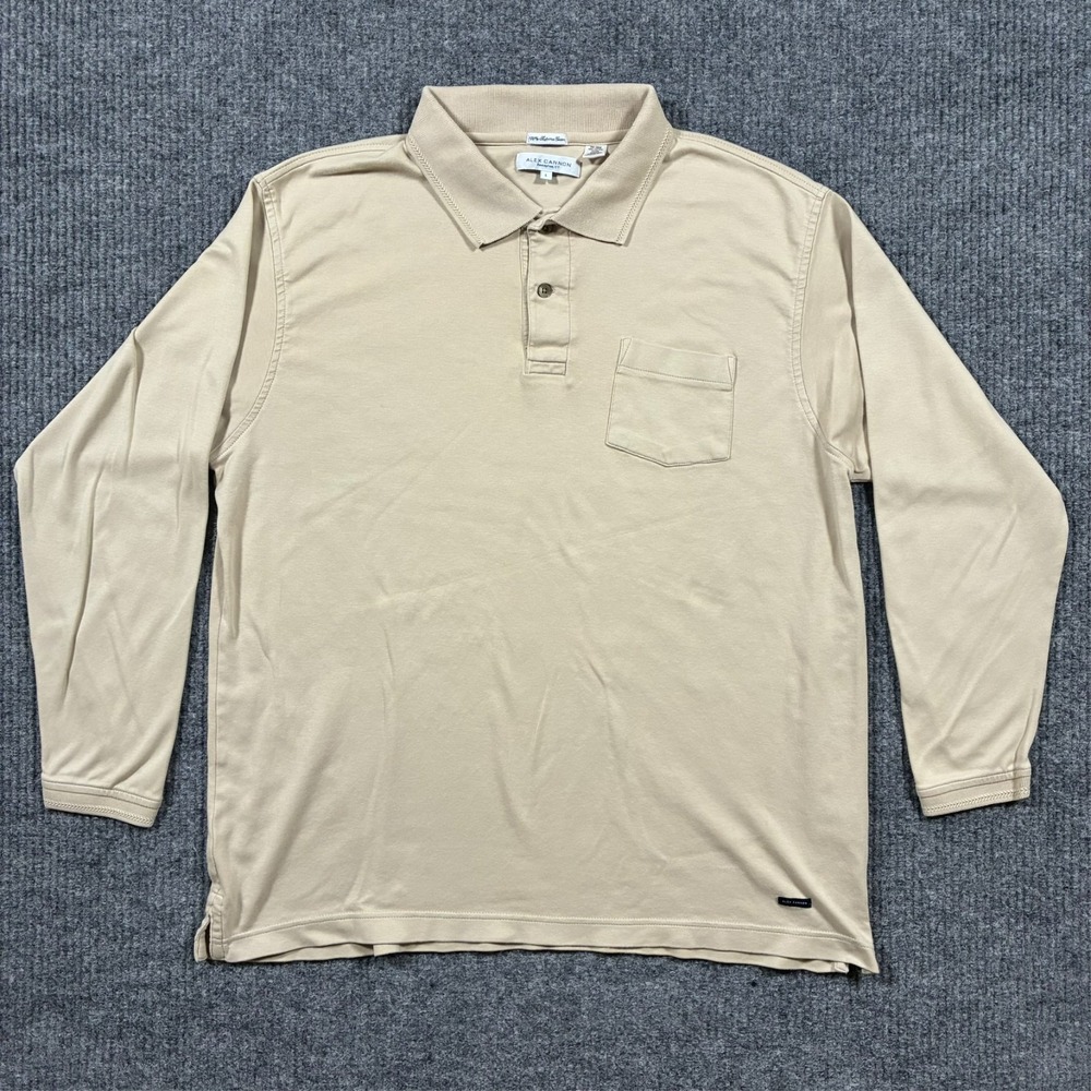 Alex Cannon Mens Polo Shirt Size L Beige‎ Supima Cotton Long Sleeve Casual
